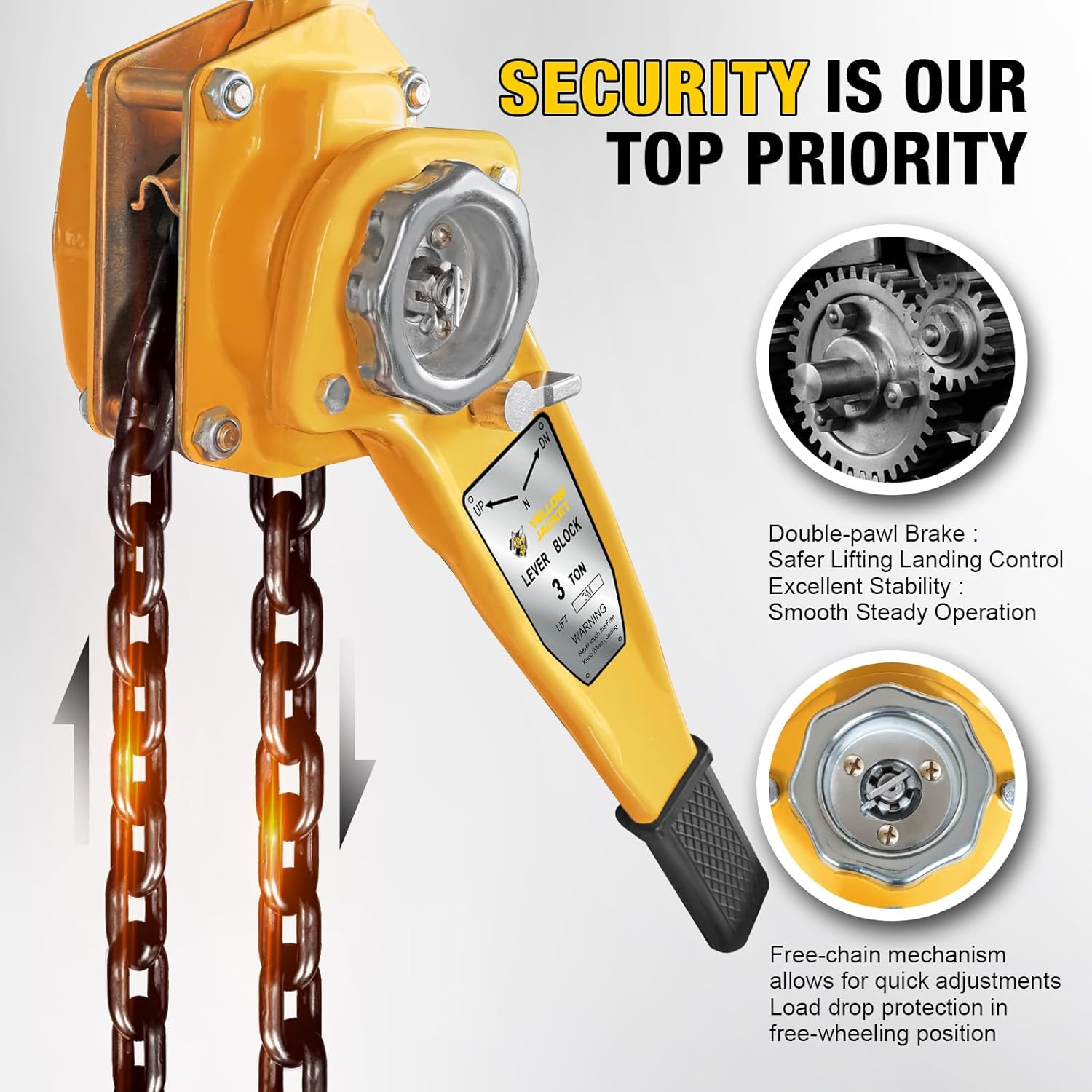 YELLOW JACKET 3 Ton Manual Lever Chain Hoist, 10 FT Come Along, G80 Galvanized Carbon Steel with Weston Double-Pawl Brake, Chain Come Along and Safety Measures for Chain Fall