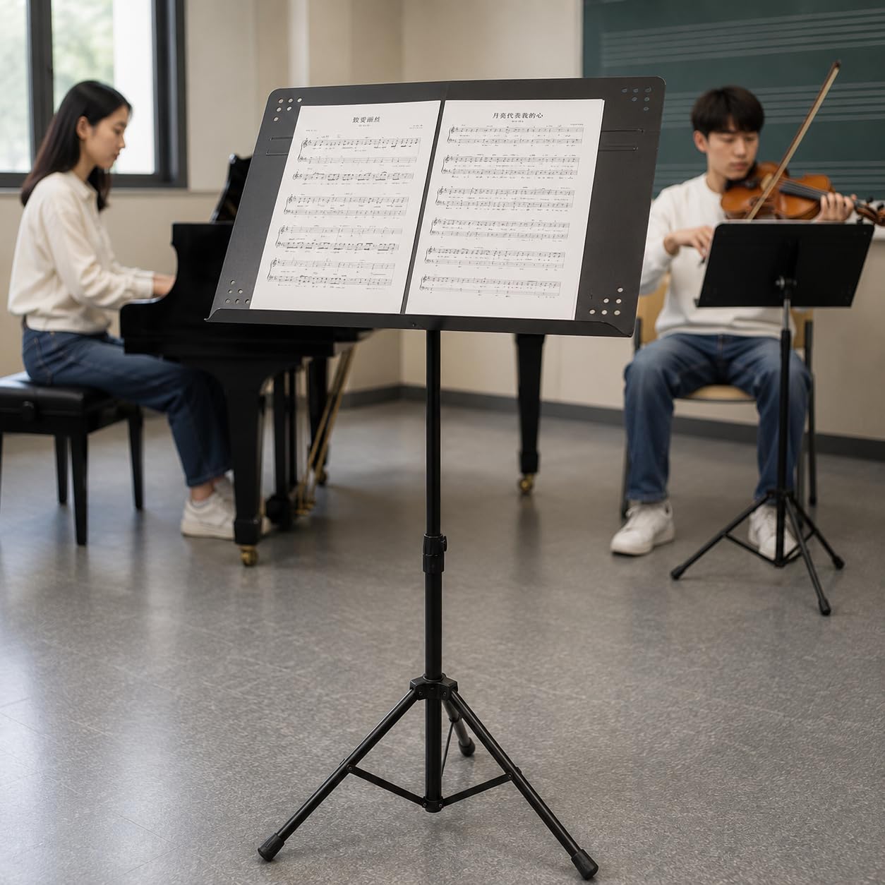 Soporte de música resistente, ajustable de 36.2 a 53.5 pulgadas, soporte para partituras con escritorio giratorio para actuaciones en escenario y estudio