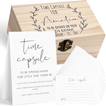 Sinload Personalized 1st Birthday Time Capsule Box Wooden - 50 Message Cards Guest Sign DIY Name Sticker Custom Keepsake Gift Party Decor