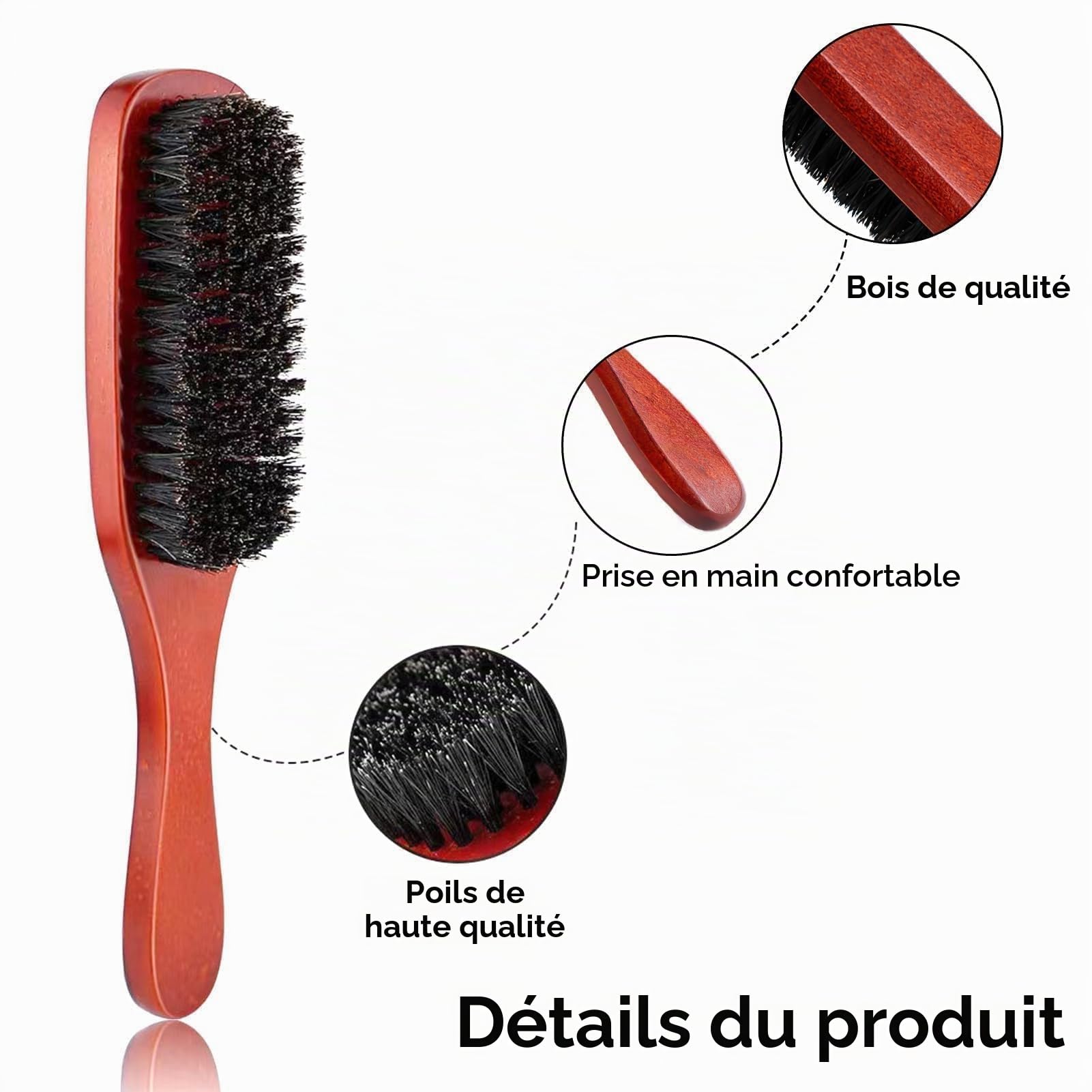Brosse à cheveux et brosse à barbe en sanglier avec poils 100 % sanglier pour homme - Kit de soin de la barbe pour homme - Poils naturels pour cheveux fins et fins - Manche en bois de poire