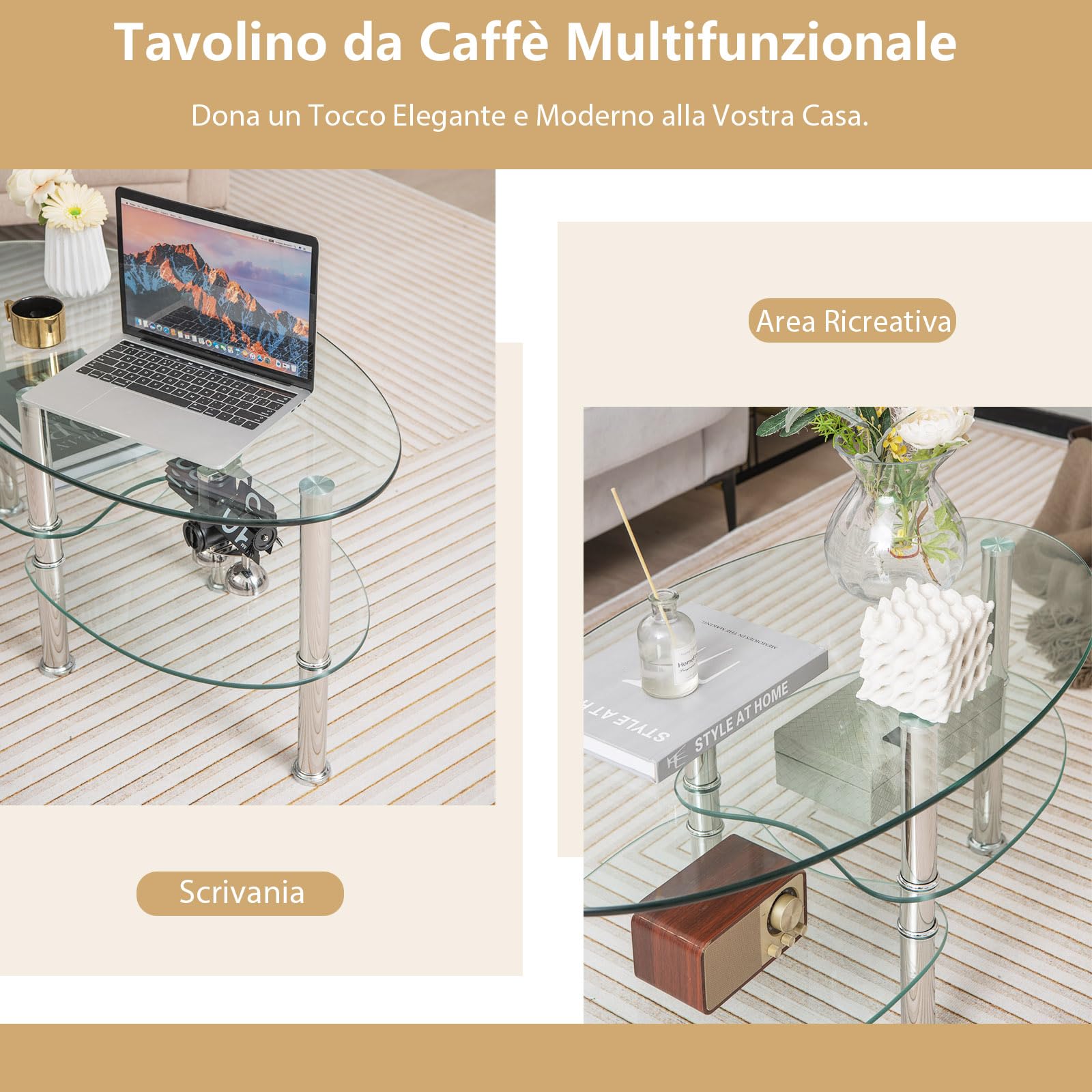 COSTWAY Tavolino da Salotto in Vetro Temperato Moderno, Tavolo Basso e Ovale con Piano Spazioso e 3 Livelli, Ideale per Soggiorno e Ufficio, 89 x 49 x 45 cm (Trasparente)