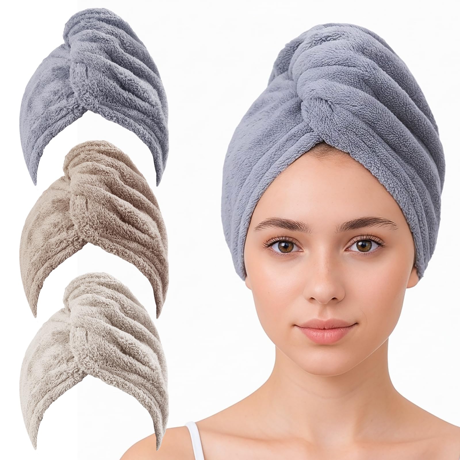 HFZRZFH 3 Pack Plush Yarn Hair Towel Wrap for Women, Super Absorbent & Quick Drying Turban, Anti Frizz Head Towel for Long, Thick, Curly Hair with