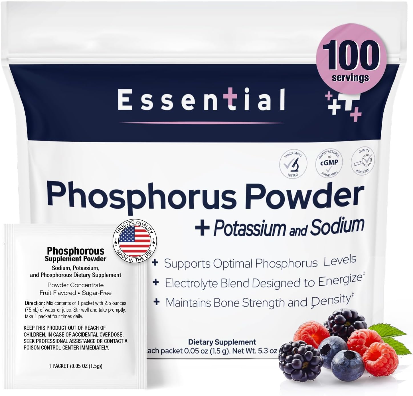 Phosphorus Supplements 100 Packets, Dietary Supplements Powder with Sodium Phosphate and Potassium Phosphate, Fruit Flavored Phosphorous Supplement Powder for Electrolyte, Bone Health & Kidney Health