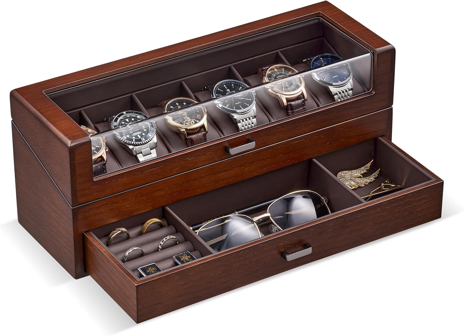 ProCase Wooden Watch Box for Men, Wood Watch Display Case with Glass Lid, Men's Jewelry Organizer Box with Drawer -6 Slot, Walnut