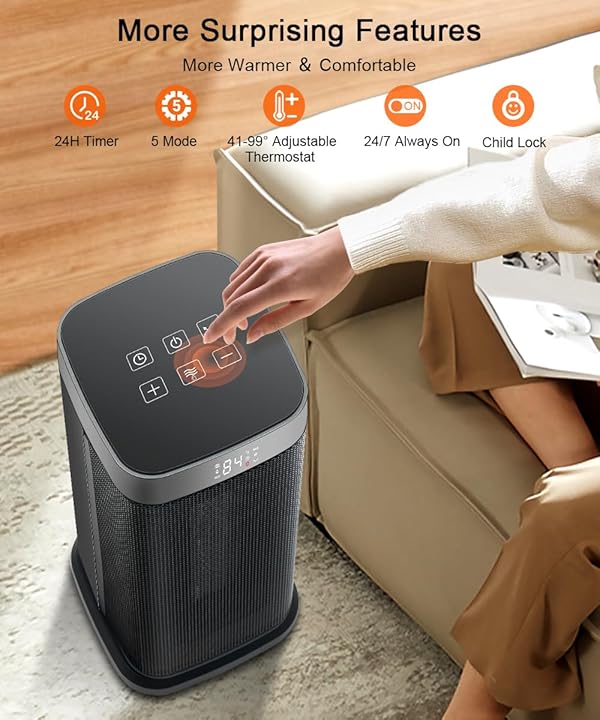 Space Heater for Indoor Use, 1500W Portable Room Heaters with 80°Oscillating, 5 Modes, 24Hrs Timer, Thermostat, Electric Heater with Remote, Fast Heating Safe for Bedroom Indoor Use by Sunnote - Image 11
