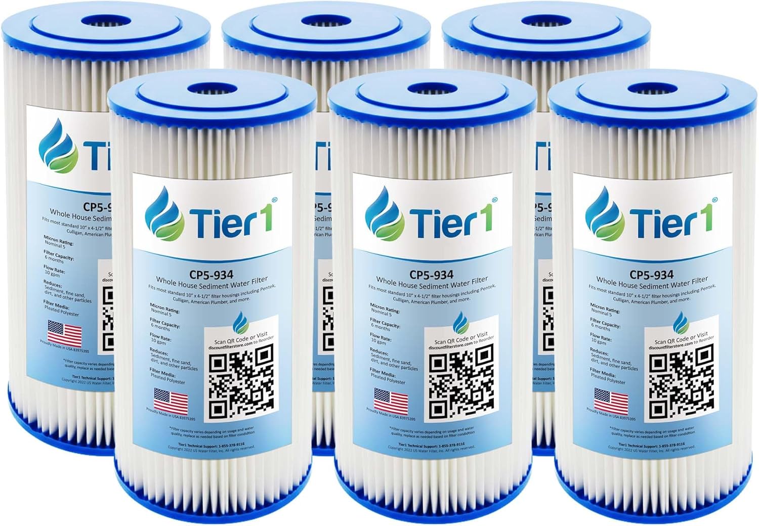 Tier1 5 Micron 10 x 4.5 Water Filter | Pleated Polyester Whole House Sediment Filter Cartridge | Replacement for Pentek CP5-BB, Culligan CP5-BBS-D, CP5-934, W5CPHD | 4.5 x 10 Water Filter (6-Pack)