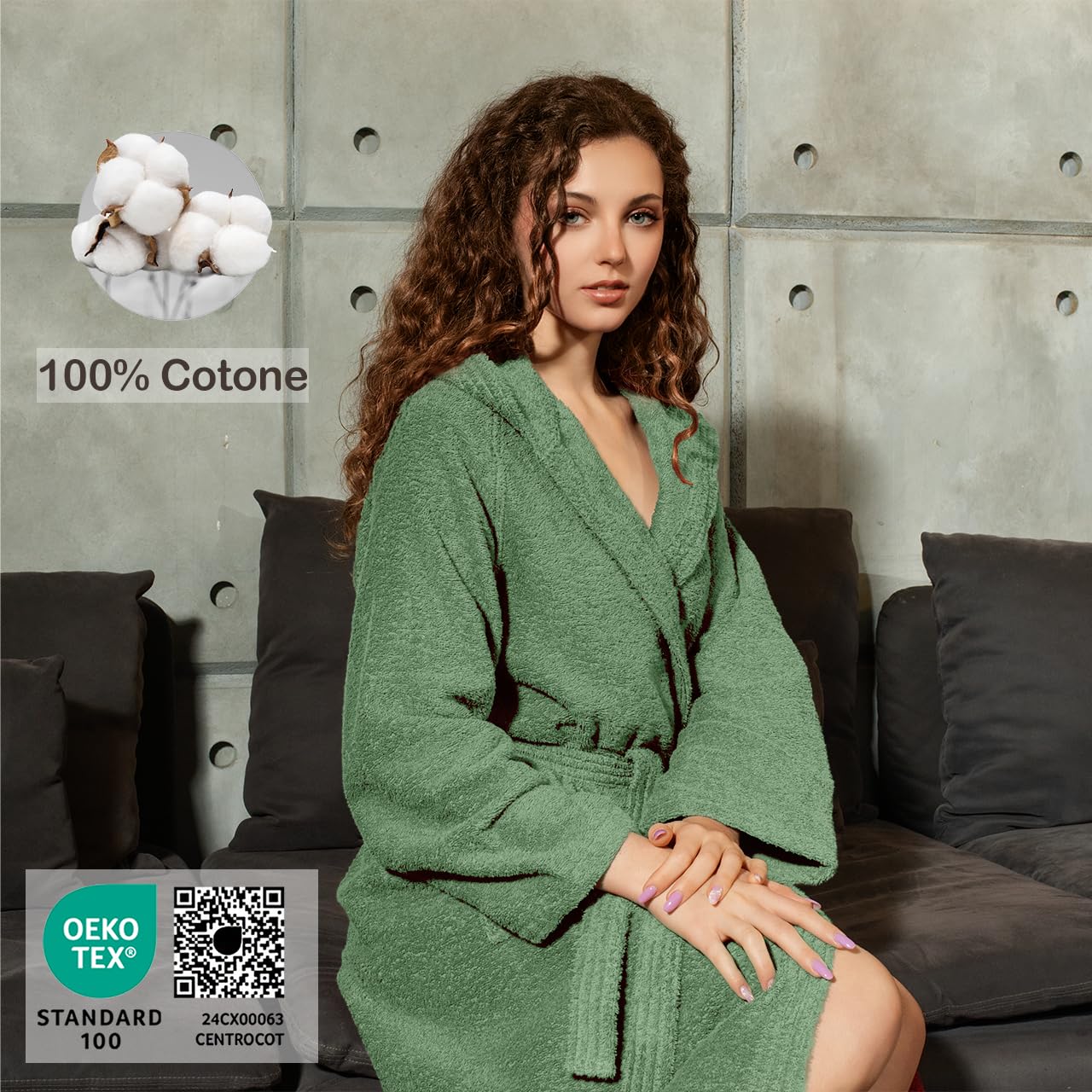 Albornoz unisex para mujer/hombre con capucha, de rizo de algodón 100% OEKO-TEX – suave, absorbente, diseño italiano