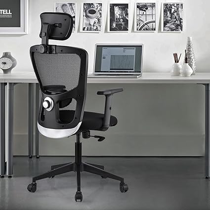 CABIQ Cozy High Back Office Desk Chair For Work From Home Study Chair Revolving Chair|Ergonomic Design,Headrest,Breathable Mesh,Height Adjustable Armrests,Lumbar Support,Heavy Duty Nylon Base,Black