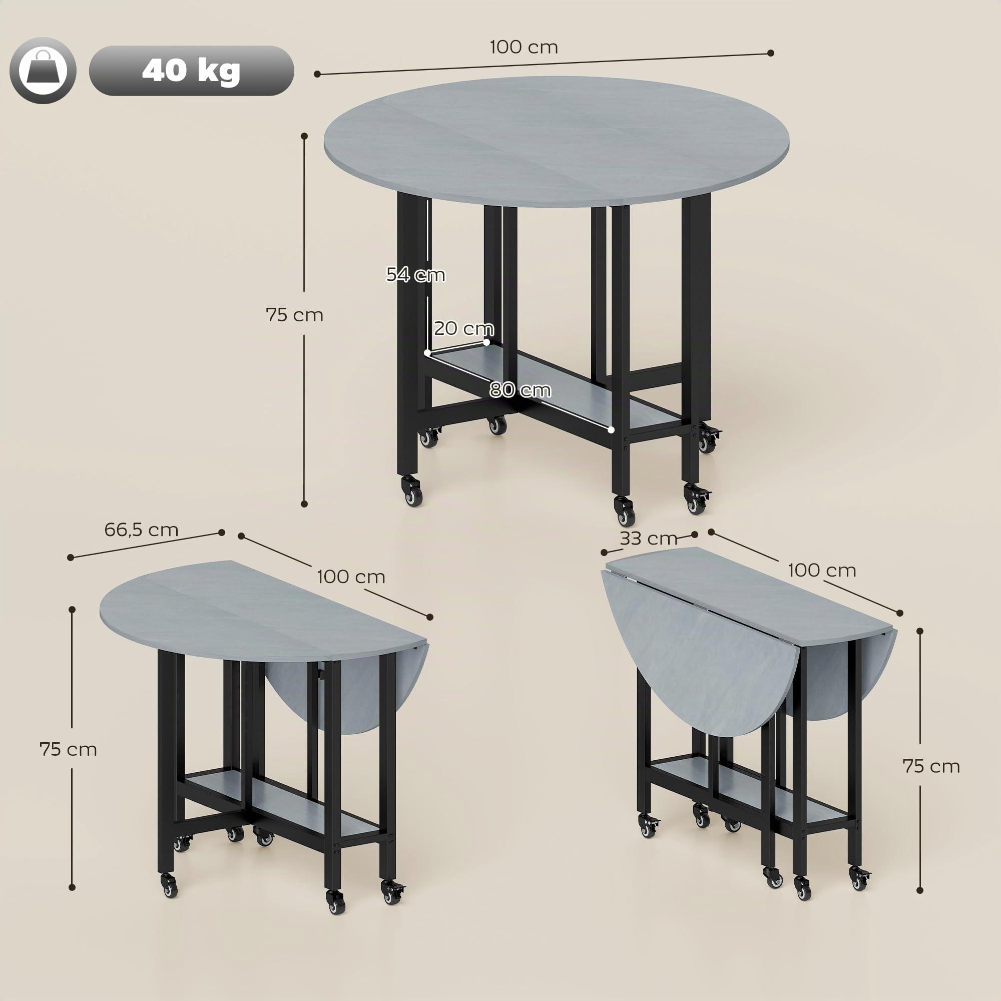HOMCOM Mesa Plegable de Comedor con Ruedas 100x100x75 cm Gris Cemento | 2-4 Personas, Mesa de Cocina Plegable, Alas Abatibles, Estante Abierto, Salón