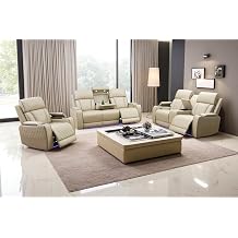 Power Recliner Sofa Set with LED, Breathing Leather Electric Reclining Couch Sofa for Living Room, Multifunction Home Theater Loveseat Seating with Reading Light, USB Port, Khaki