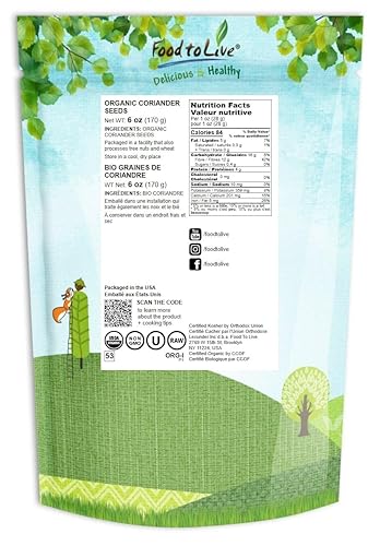 Miniatura 2 de Semillas de cilantro orgánico, 6 onzas, enteras, sin OMG, sin irradiar, veganas, secas, a granel, altas en fibra dietética, cobre, manganeso,