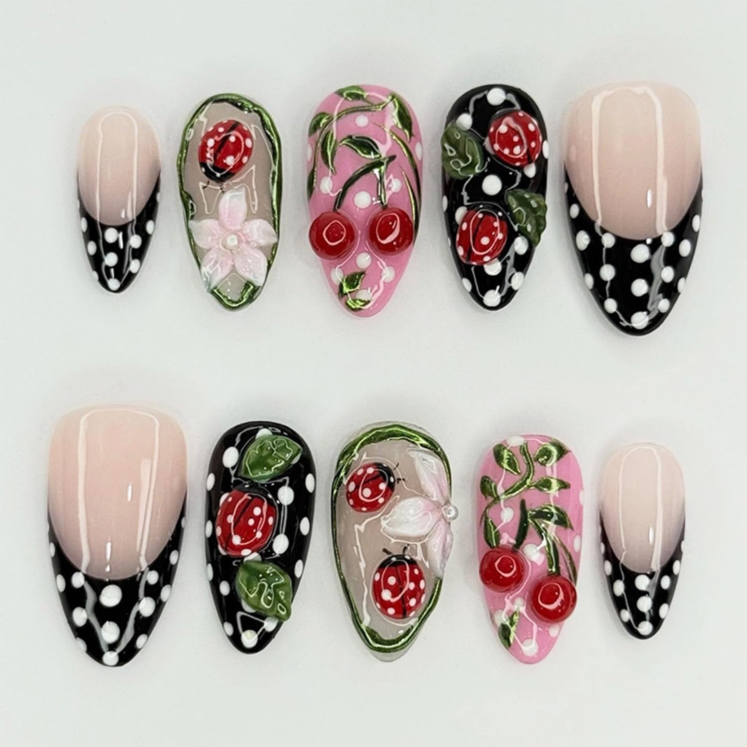 Polka Dot Press on Nails - Medium Almond Cherry Design