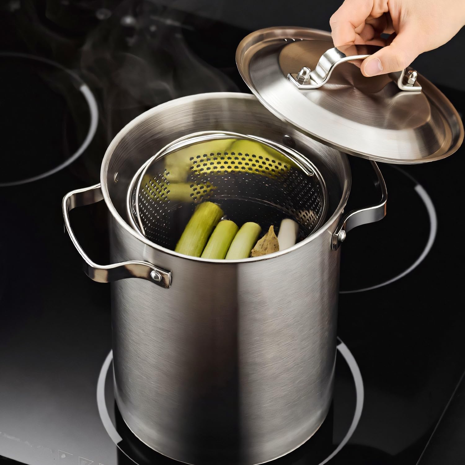 Asparagus Pot, Stainless Steel Asparagus Steamer Pot & Spaghetti Pasta Cooker with Perforated Steamer Basket - 3-Ply Base, 4.3L/1.14Gal, Versatile Cookware