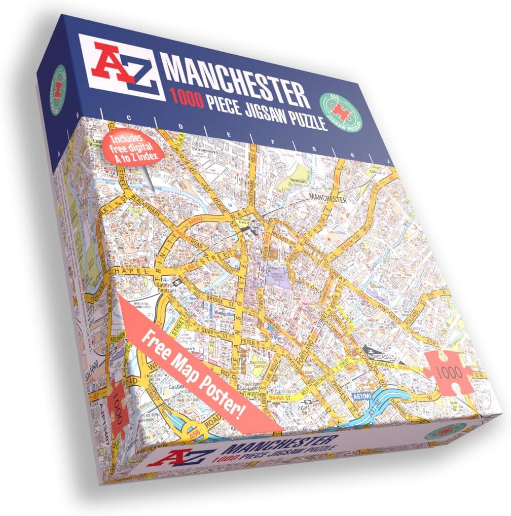 Great Britain A-Z Map of Manchester 1000 Piece Jigsaw Puzzle – Exclusive Street Map – Includes Guide Print & City Index – Nostalgic Gift Mapping Fun for Adults