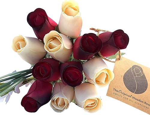 Miniatura 7 de The Original Wooden Rose, Rojo con puntas negras y ramo de rosas de madera blanca (2 docenas)