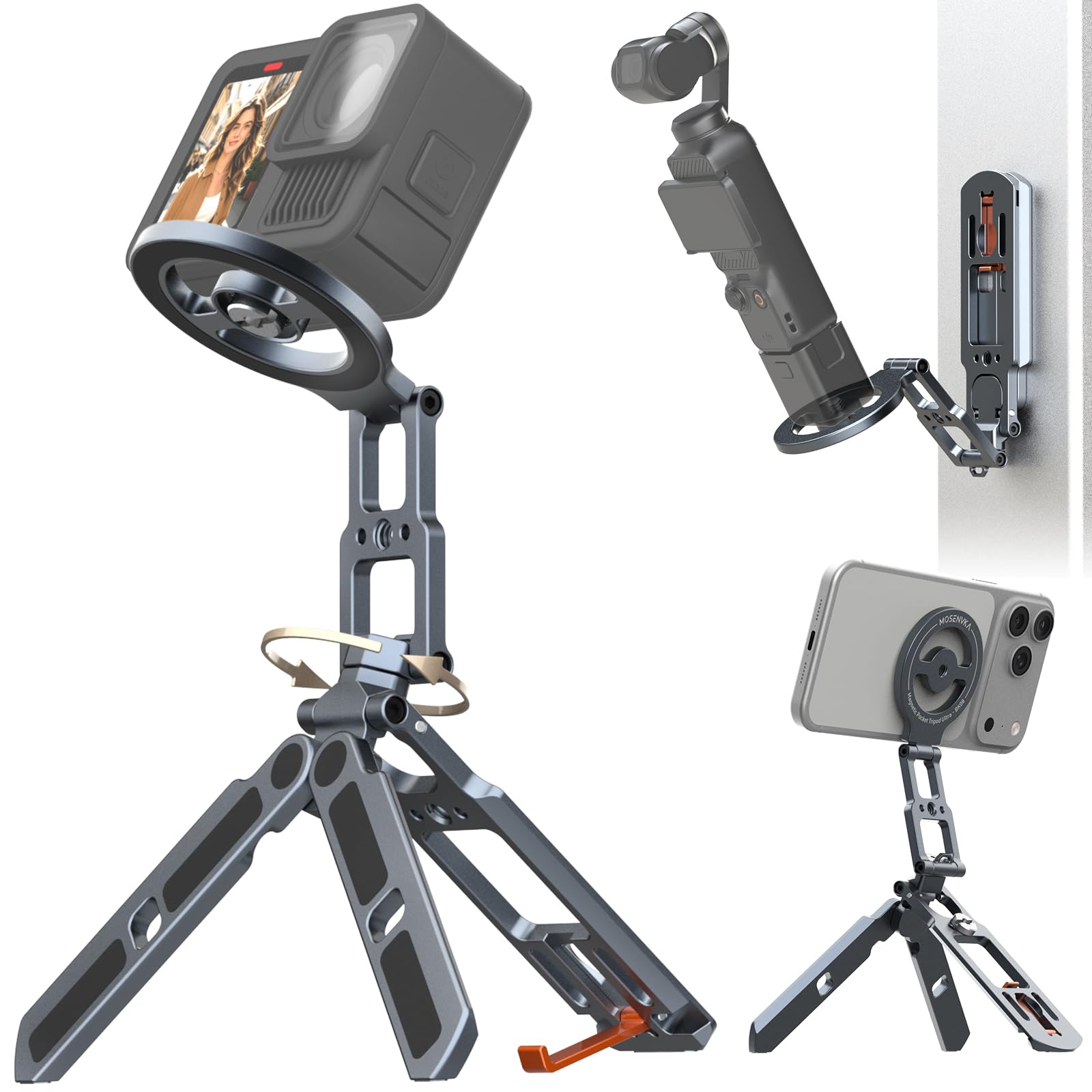MOSENVKA Dual-Magnetstativ für MagSafe | 2-in-1-Action-Kamera-Halterung (Arca-Swiss, 6,35 mm Schraube/Haken) | Faltbarer Schreibtischständer für iPhone 17–12, DJI Osmo Pocket 4/3, für GoPro 13/12 |