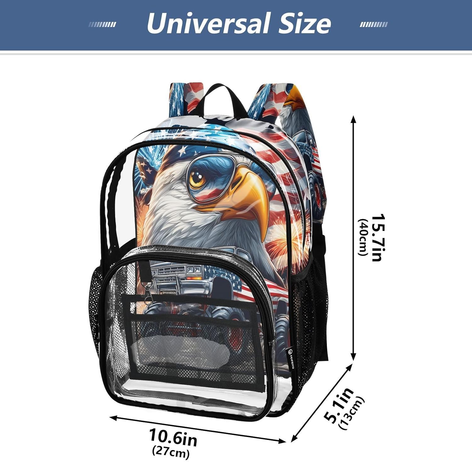 American Flag Bird Truck Clear Backpack Heavy Duty See Through Transparent PVC BookBag for Kids Boy Girl School Work