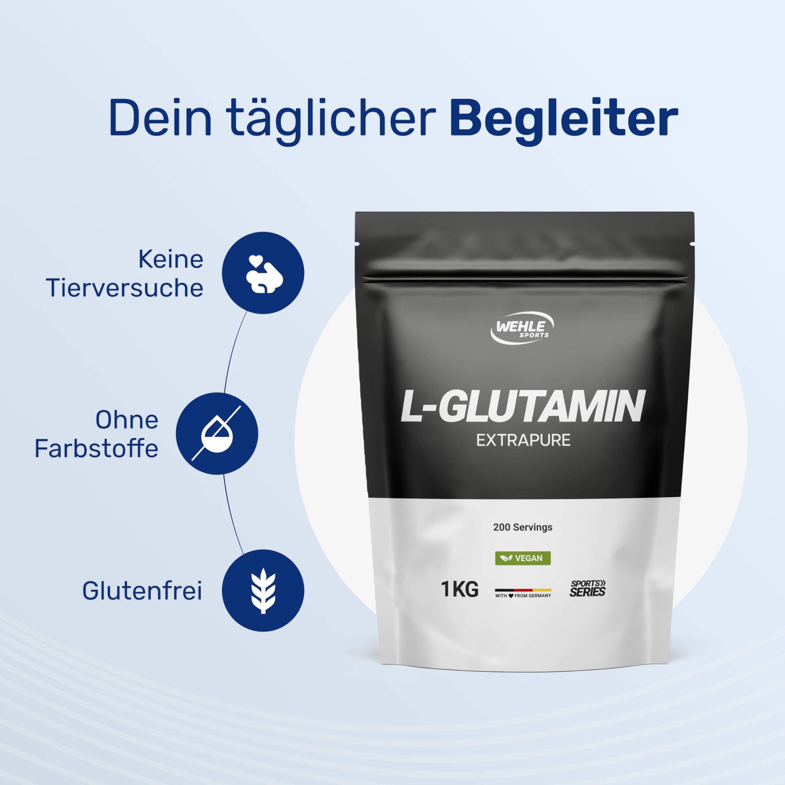 L-Glutamin Pulver 1000g / 1kg – Hochdosiert – Laborgeprüft & vegan – produziert in Deutschland – Neutraler Geschmack
