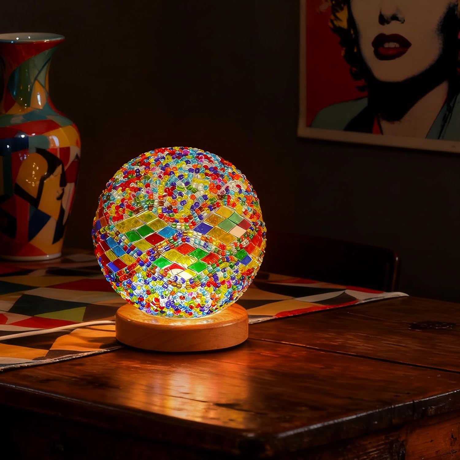 Mosaic Table Lamp Stained Glass Light USB Power Dimmable Geometric Pattern Ambient Lamp for Restaurant Atmosphere Lighting Hotel and Club Decoration(Baroque B - Blue, Baroque)
