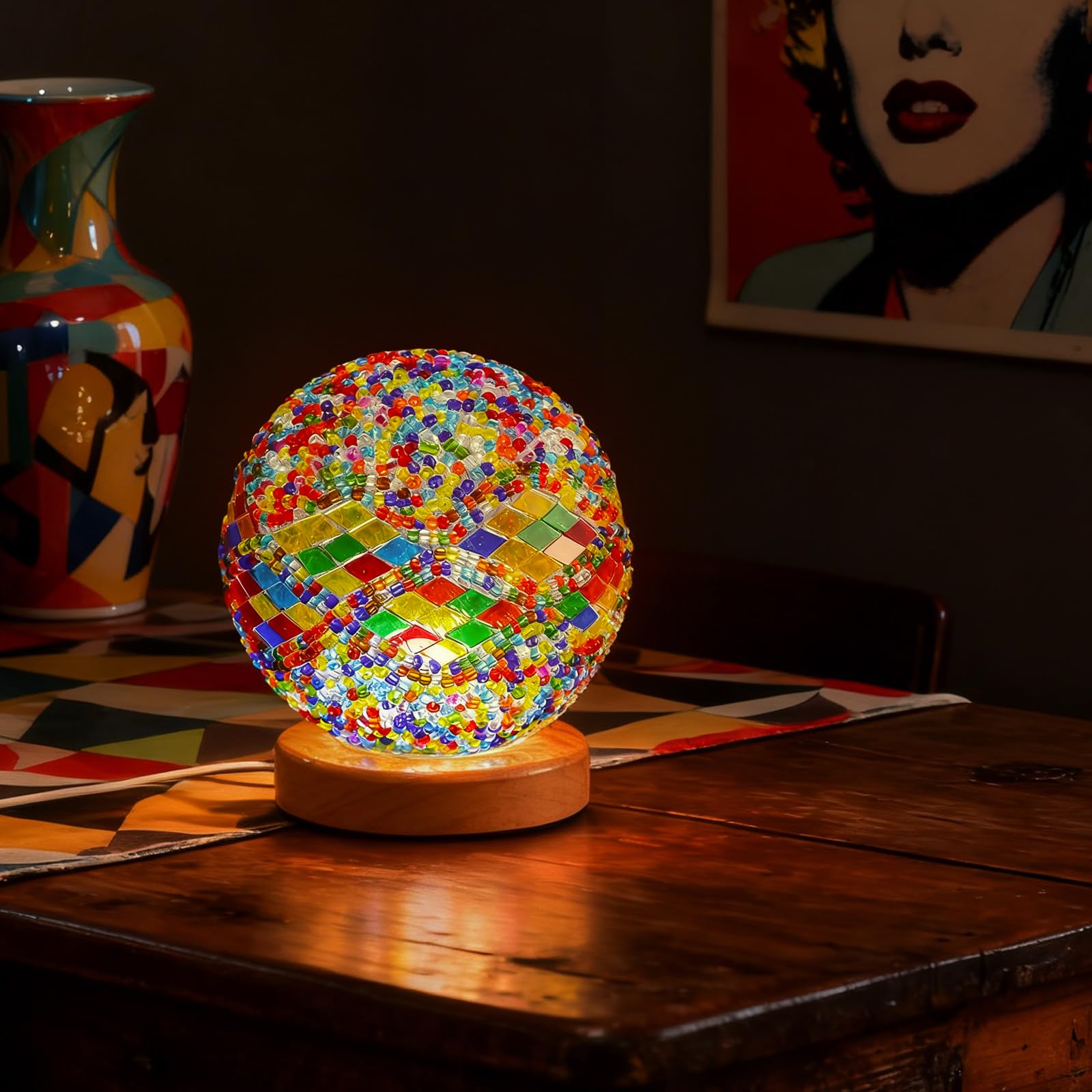 wpdash Memphis Mosaic Table Lamp Vintage Turkish Stained Glass Lamps USB Power Dimmable Geometric Pattern Ambient Lighting for Kids Room Playroom & Pop Art Home Decoration(5V 4.72"*5.31") — image 1