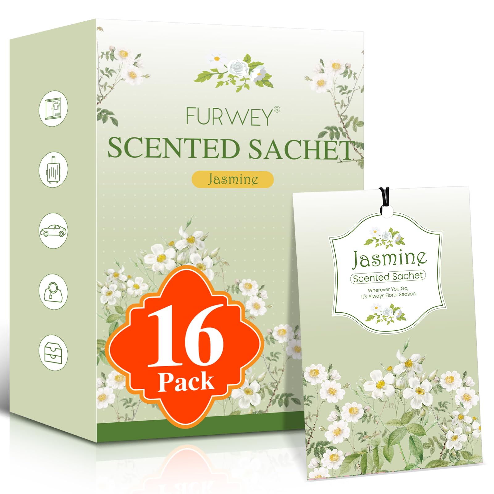 FURWEY 16 Packs Jasmine Scented Sachets, Long Lasting Sachet Bag