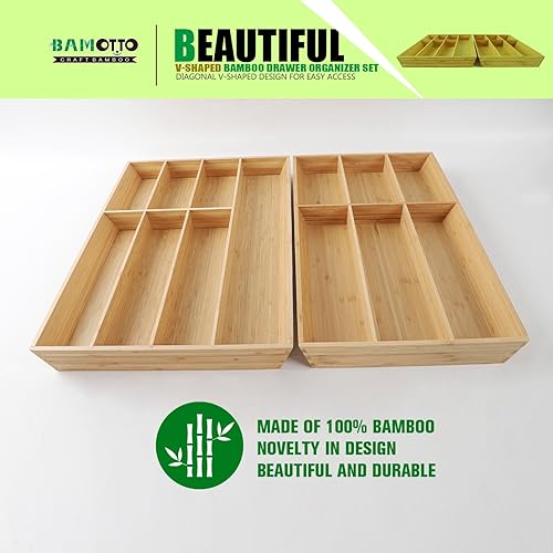 Miniatura 4 de Juego de 2 organizadores de cajones de bambú extra grandes en forma de V, bandeja de cubiertos de cocina, caja de almacenamiento de cubiertos y