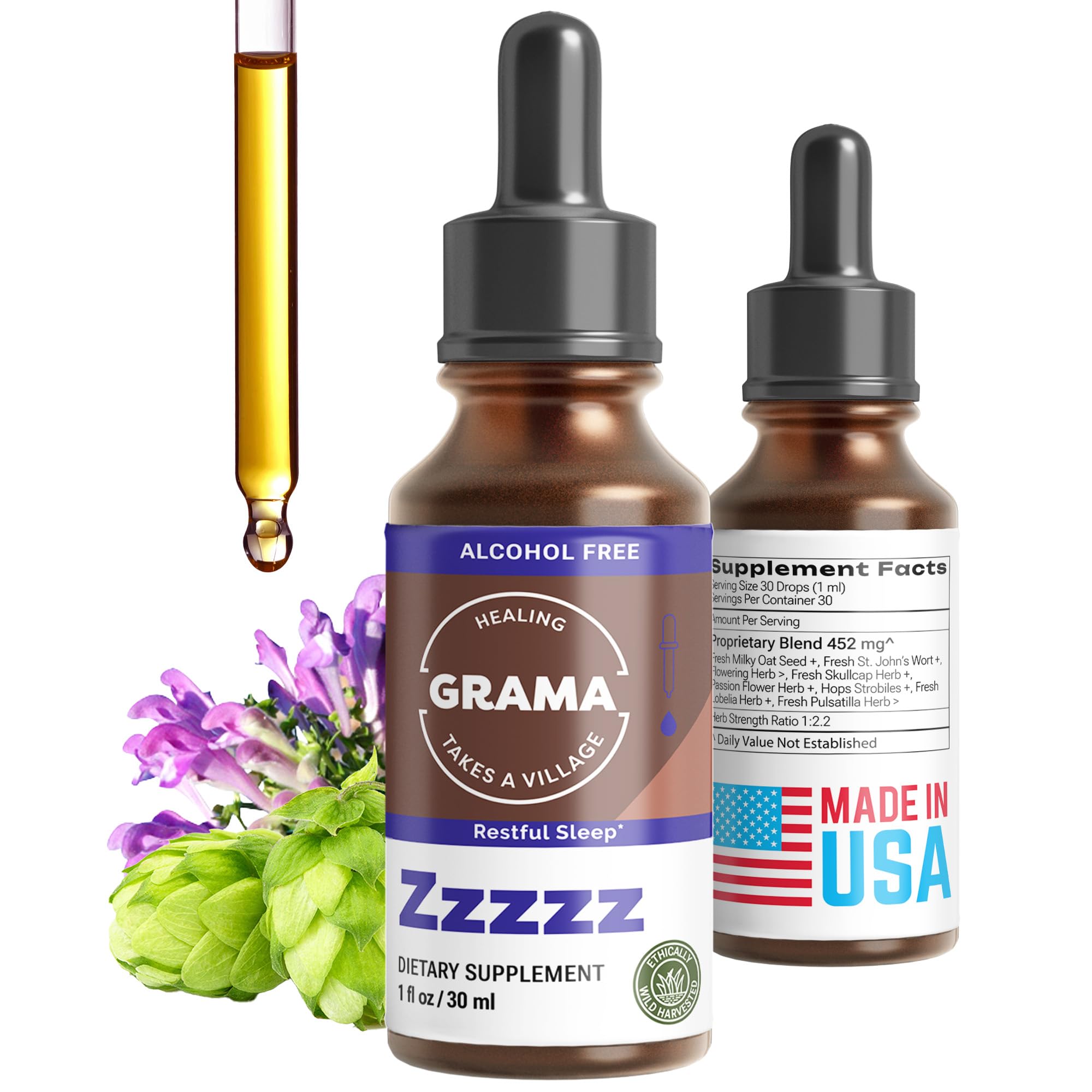 Grama Wellness Zzzzz Organic Sleep Support Tincture - Herbal Liquid Sleep Aid for Adults with Passionflower, Skullcap & Hops - Non Habit Forming Nighttime Drops, Melatonin-Free, Alcohol-Free, 1 fl oz