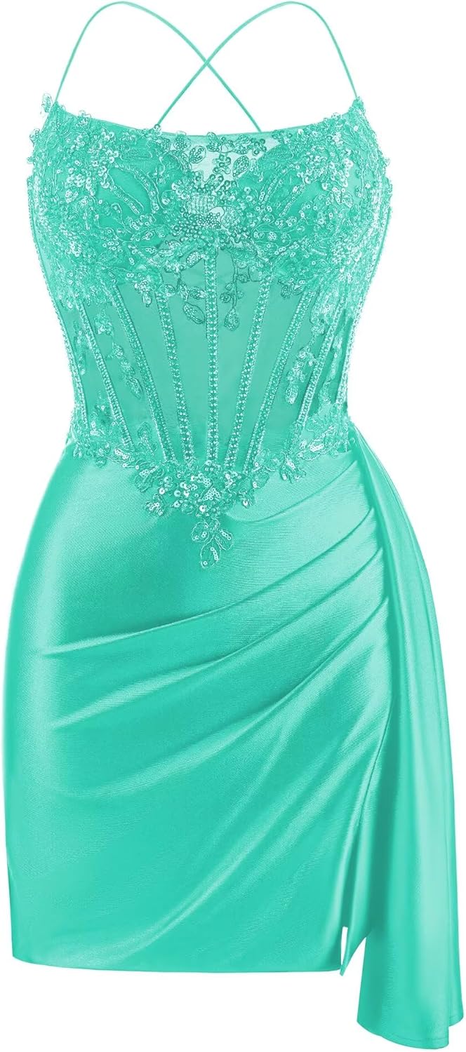 Rjer Satin Homecoming Dresses 2025 Short Lace Mermaid Bodycon Beaded Cocktail Party Dress