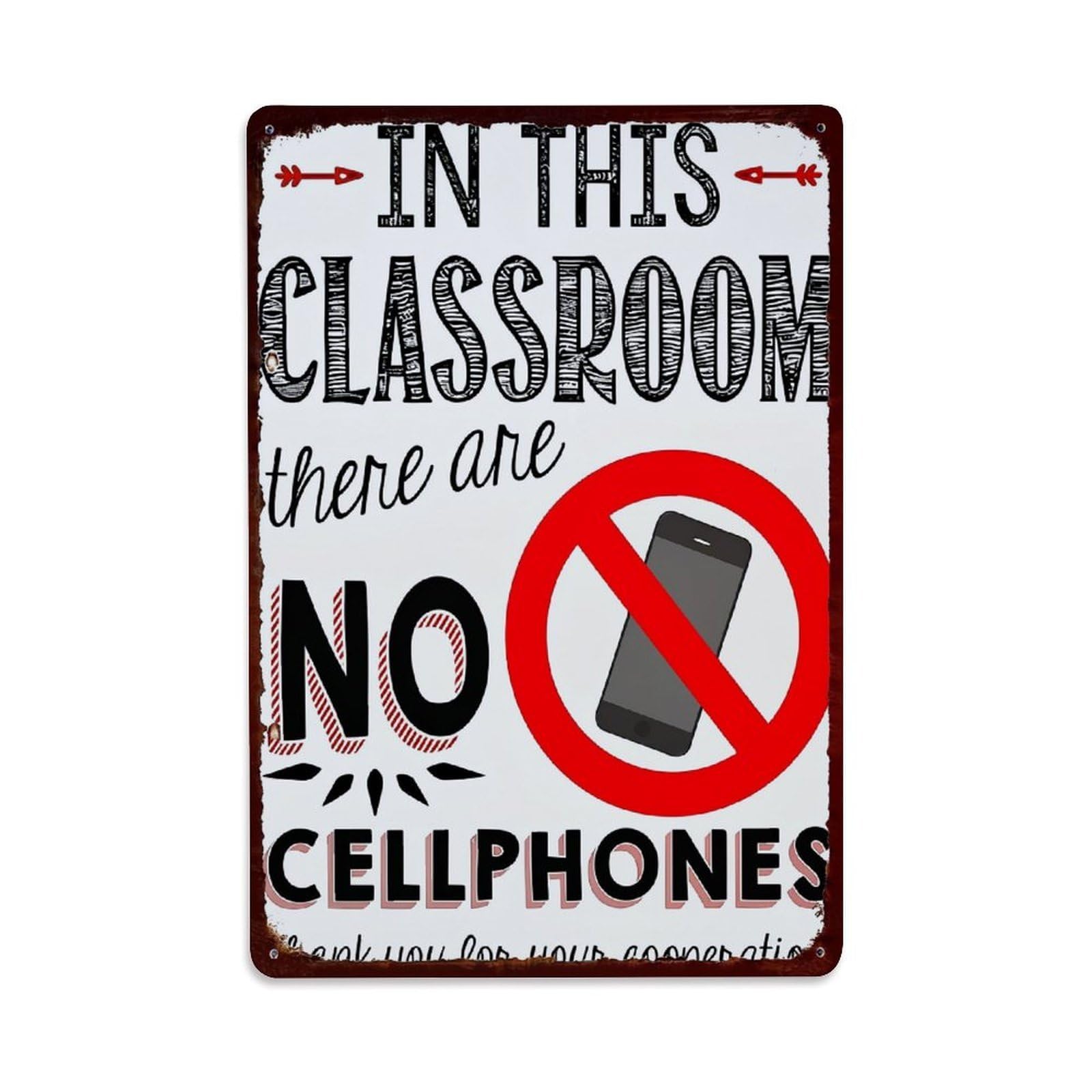 Jdfenggu Vintage No Cellphones Allowed In Classroom Retro Metal Tin Sign, Metal Poster For Bar, Home, Man Cave, Kitchen, Laundry Room Art Decor 8X12 Inch