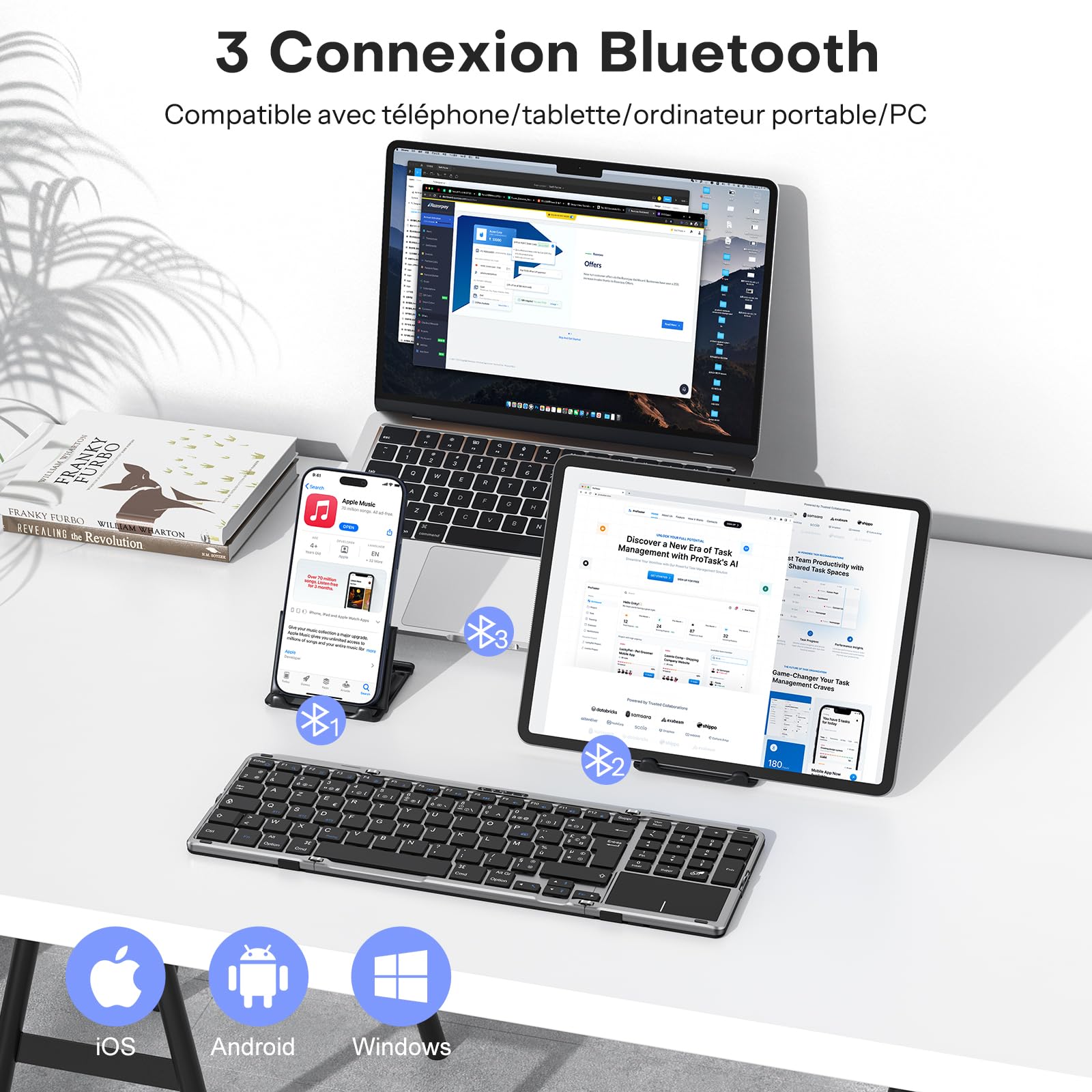OMOTON Clavier Bluetooth Pliable AZERTY Pavé Tactile & Numérique Portable | Pleine Taille, Rechargeable, 3 Appareils Bluetooth, Support intégré, Compatible avec PC Tablette iPad Windows Mac Android
