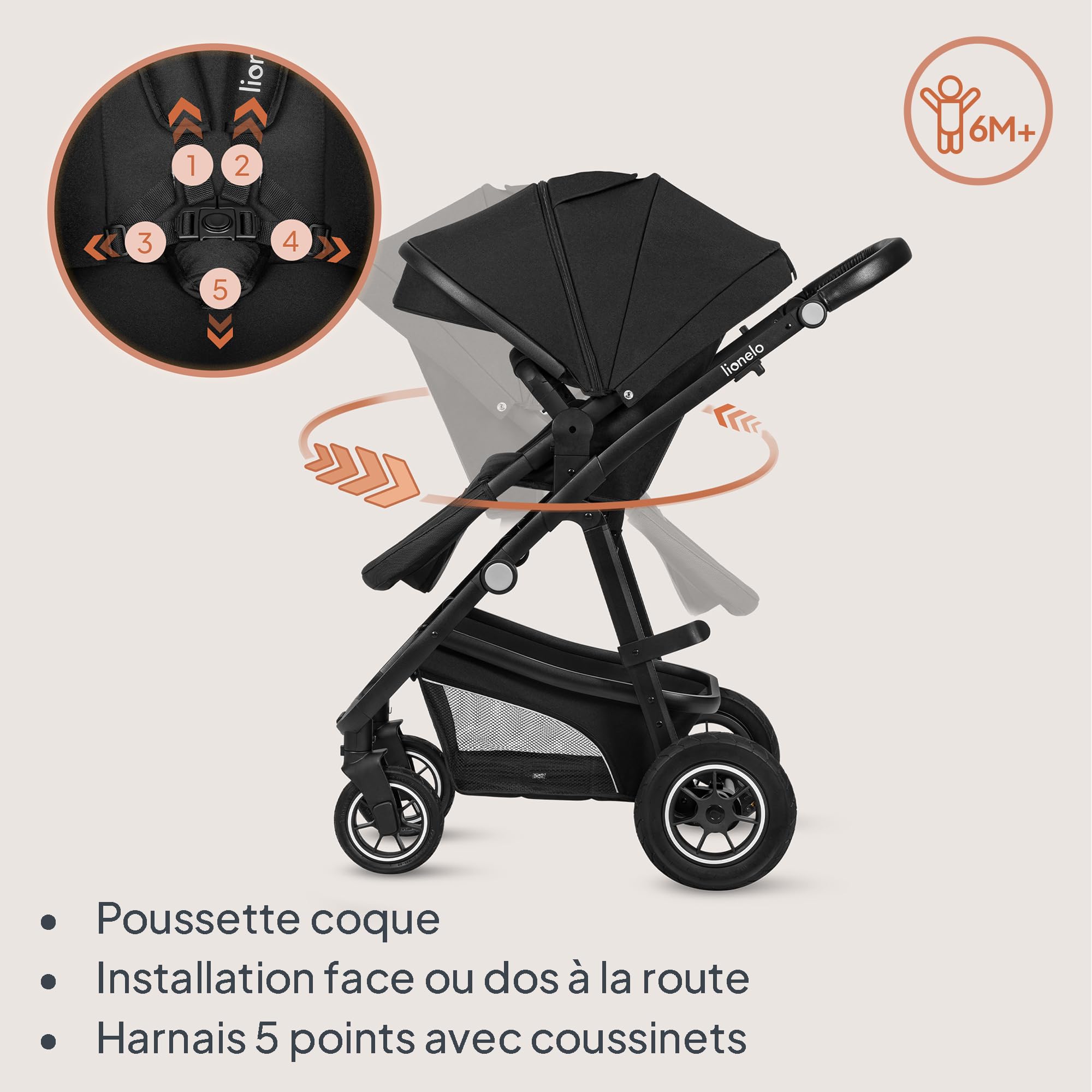 LIONELO BIANKA Poussette 3 en 1 max 22 kg Système de Voyage Pliable Roues 360° Trio