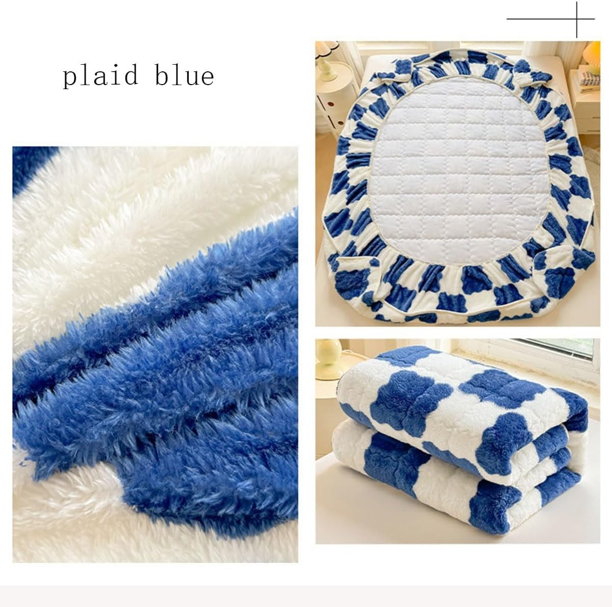 Milk Checkered Mattress Cover, Soft Velvet Bed Sheet Protector Cover, Elastic Fitted Mattress Topper(Blue,120 * 200cm)