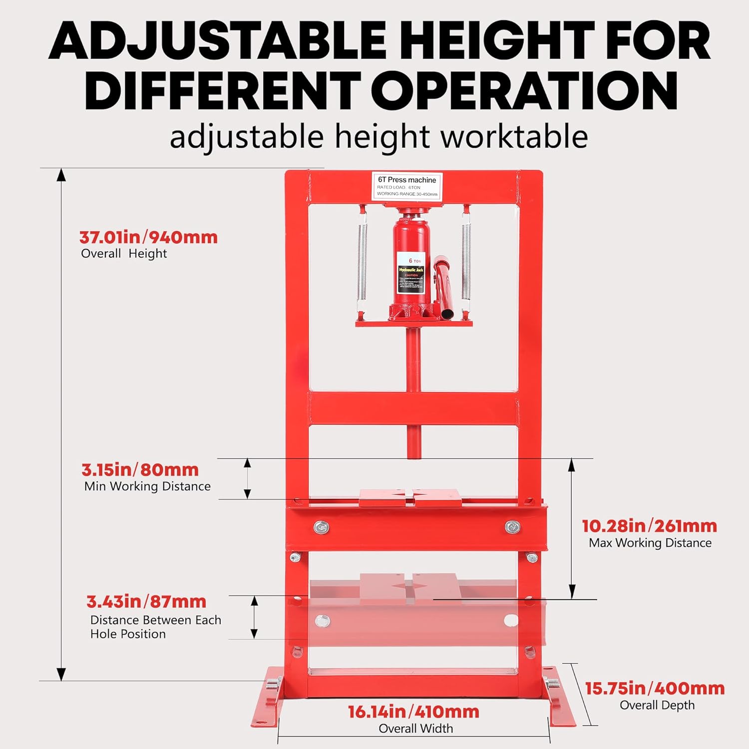 6 Ton Hydraulic Shop Press, H-Frame with Adjustable Height Table & Stamping Plates, for Automotive Repair, Metalworking, Garage, DIY - Red