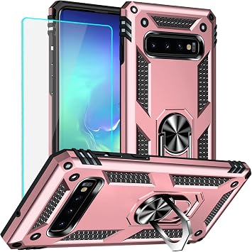 for Samsung Galaxy S10 Plus Case Galaxy S10 Plus with Screen Protector - Military Grade Protective Cases with Finger Ring Holder Kickstand for Samsung S10 PlusRose Gold