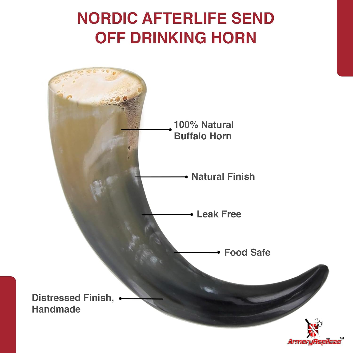 Armory Replicas™ Viking Buffalo Drinking Horn with Iron Stand – Handcrafted Polished Horn, 12-15 Inches, 7-11 oz
