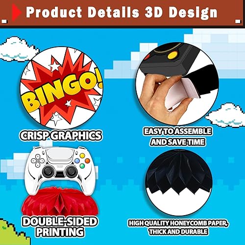 Miniatura 2 de 9 piezas de centro de mesa de panal de abeja de videojuegos, decoración para videojuegos, fiesta de cumpleaños, suministros para niños y niñas