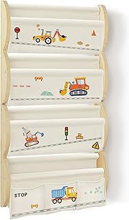 Wooden Wall Mounted Bookshelf for Kids Rooms, 4 Tier Floating Nursery Book Shelf, Kids Bookshelf with 2 Pockets, Toddler Sling Book Rack with Deep Sleeves (Excavator)