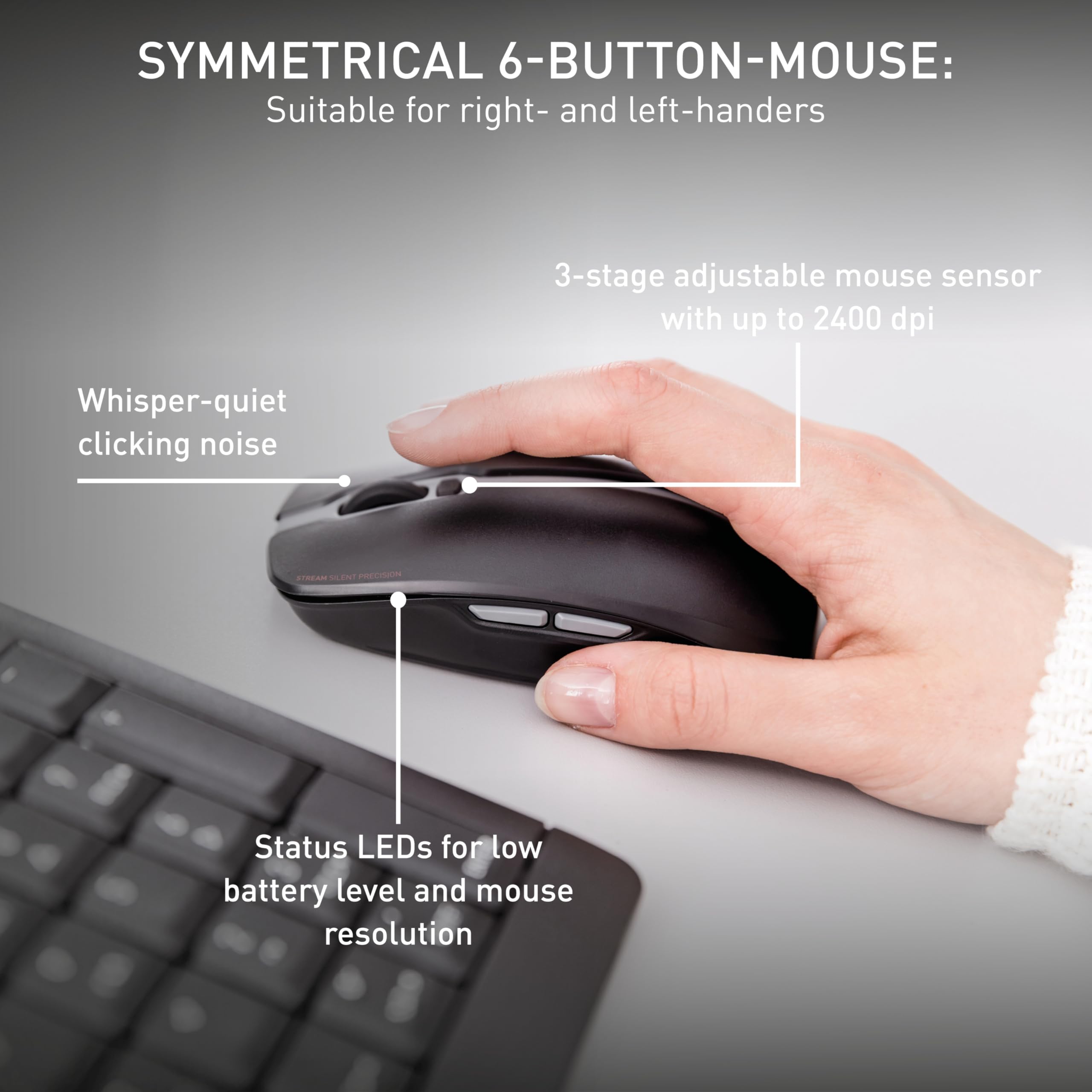 CHERRY STREAM DESKTOP RECHARGE, Bezprzewodowy Zestaw Klawiatura i Mysz, Układ EU (QWERTY), 2,4 GHz, Ciche Naciśnięcie Klawisza, ładowalny, Biało-Szary