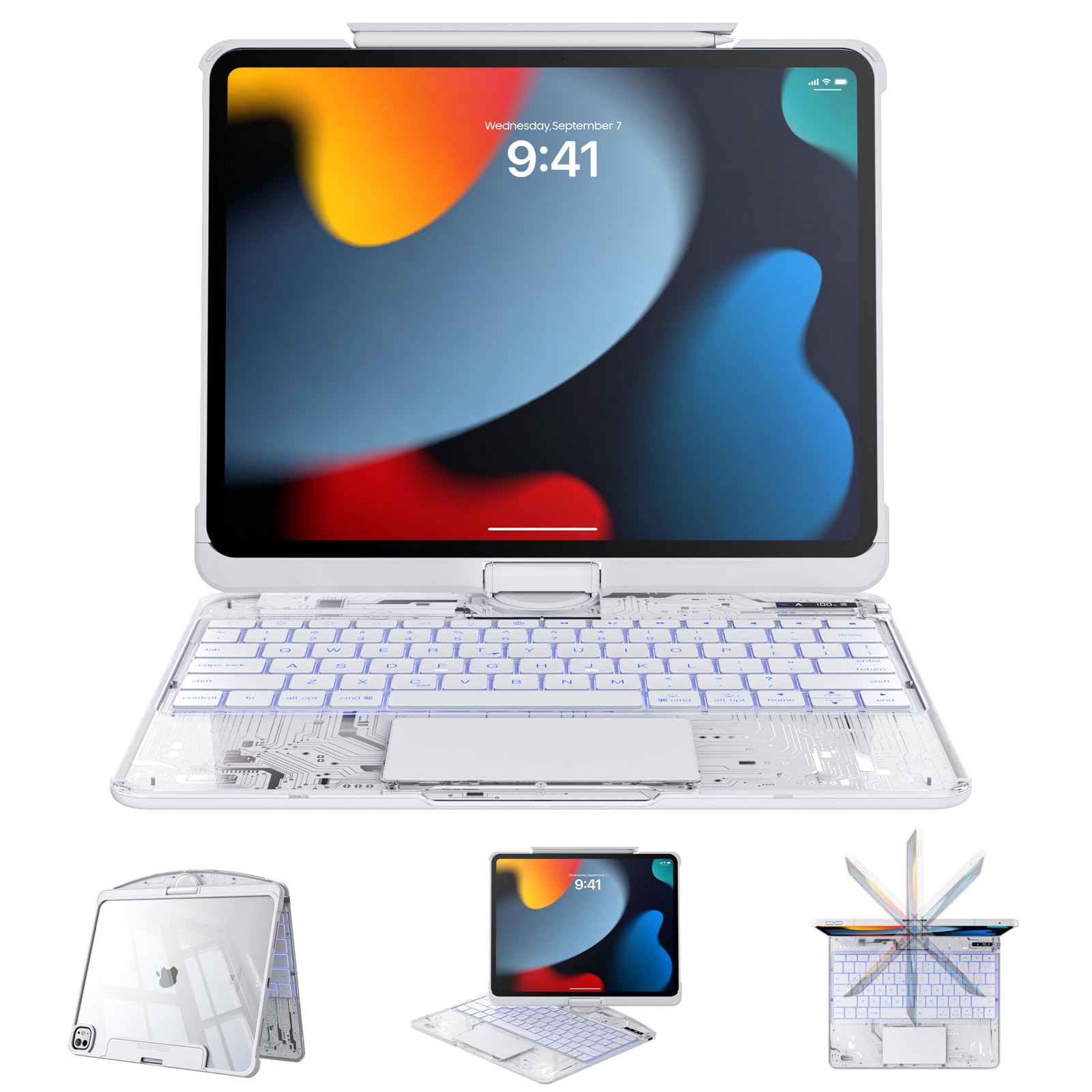 Clear Case with Keyboard for iPad 9th/8th/7th Gen 10.2 Inch, 360°+180° Rotating iPad Keyboard (2021/2020/2019), LCD Display, Pencil Holder, 7-Color Backlit, Multi-Touch Trackpad, White