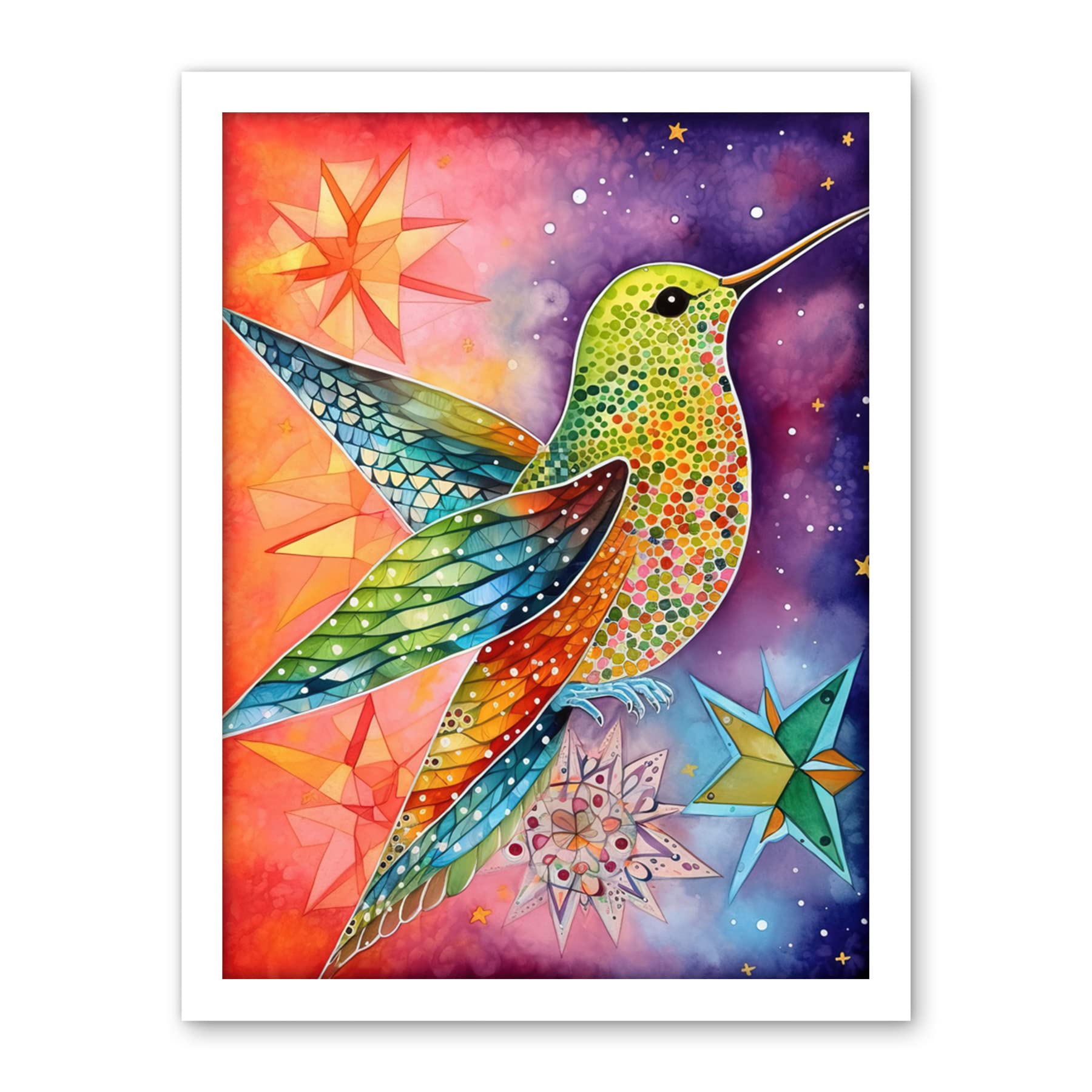 Artery8 Hummingbird In Vibrant Astral Field Folk Art Watercolour Painting Artwork Framed Wall Art Print 18X24 Inch