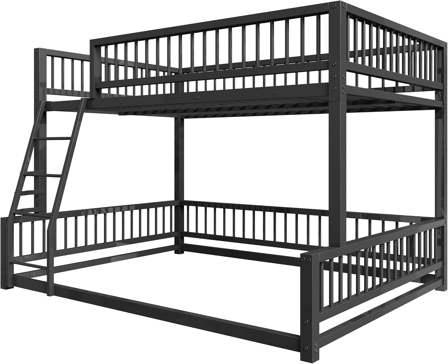 SOFTSEA Twin XL Over Queen Bunk Bed, Heavy-Duty Metal Bunk Bed with Safety Guardrails and Ladder for Kids Teens Adults, Space-Saving Floor Bunk Beds, Noise Reduced, Black