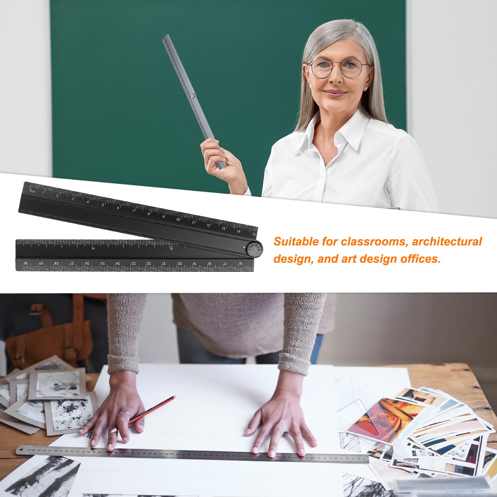QUARKZMAN 2 linijki składane 30 cm, metryczne, składane linijki z aluminium, kątomierz, geometryczne narzędzie pomiarowe z linią kątową dla architektów, artystów, biura, czarne/lawendowe
