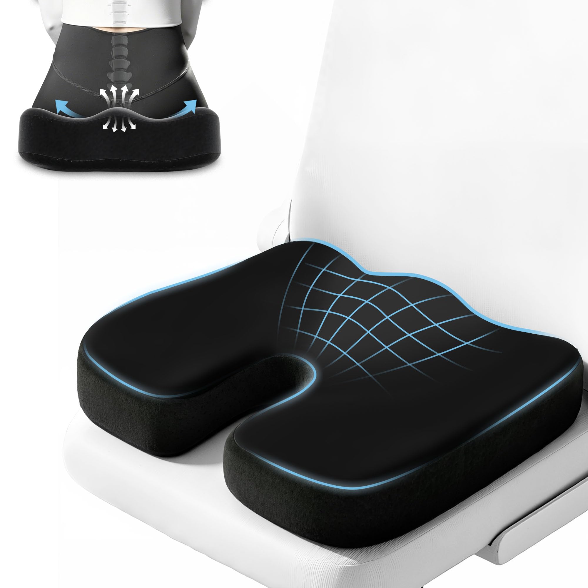 Aurora Health & Beauty Memory Foam Sitzkissen für Bürostuhl, Autositz & Schreibtisch, Hüft-Steißbeinkissen für Steißbein & Ischias, Schmerzlinderung, Schwarz