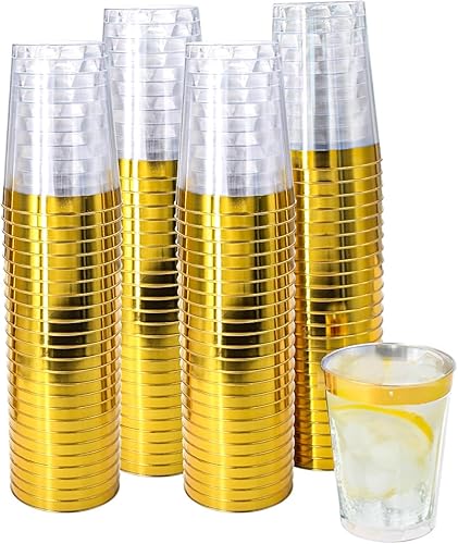 100 vasos de plástico dorados, vasos de plástico desechables de 10 onzas para fiestas, vasos desechables de plástico duro con borde dorado para