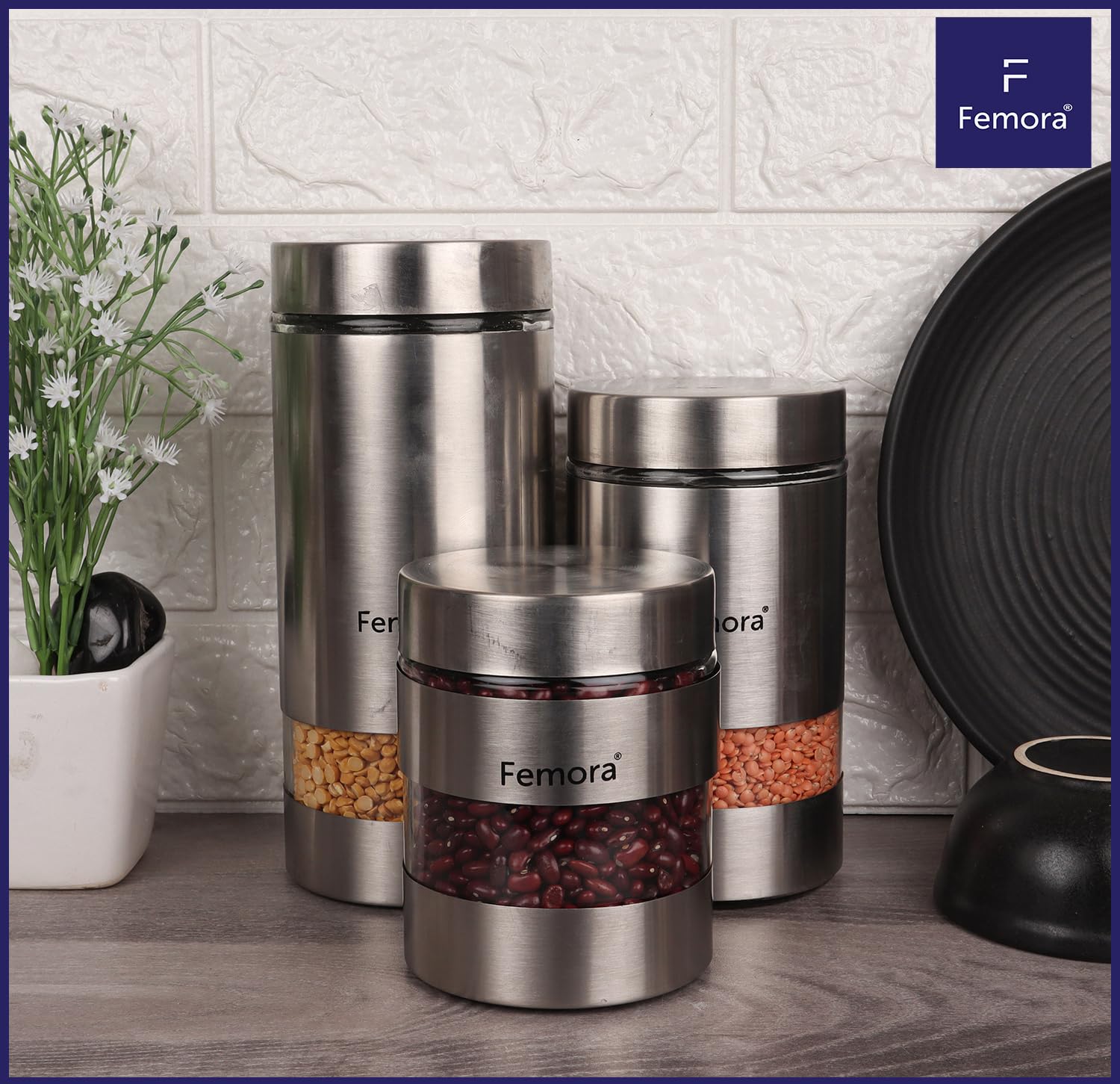 Femora Airtight Glass Jars 700ml Set of 4 | Silver Stainless Steel Lid | BPA Free & Food Grade | Rust Free | 1 Year Lid Warranty | Kitchen Storage for Snacks, Masala, Spice, Pickle, Cookies 1