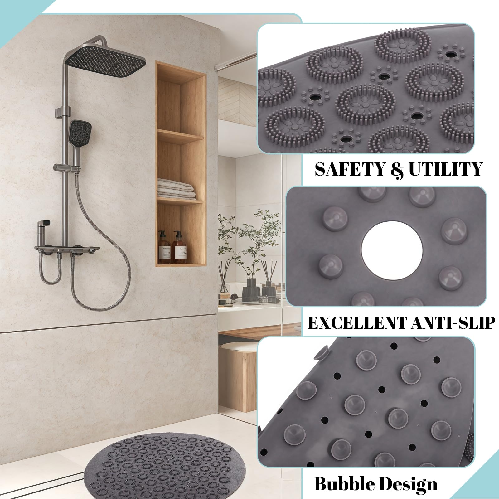 Shower Bath Mat 53x53cm,Extra Round Shower Mat Anti Mould Bath Mats Pink,Non Slip Bath Mat for Tub,Shower Mats with Suction Cups,Drain Holes,Machine Washable Bathroom Bathtub for Kids,Elderly - Image 3
