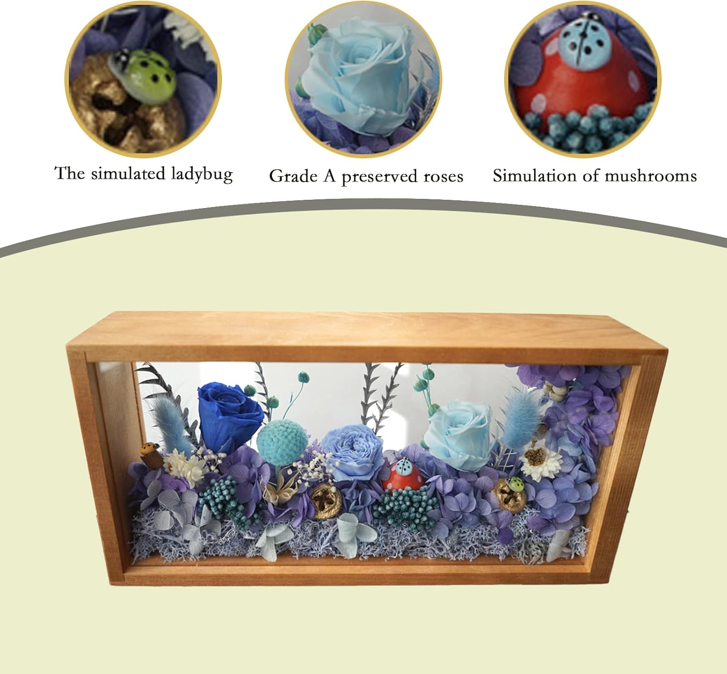 Preserved Flowers Shadow Box with LED Lights, Eternal Real Rose & Hydrangea Floral Arrangement in Wooden Frame, Linght Up Home Decor,Gift for Mother's Day Birthday Anniversary(Blue)