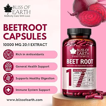 Bliss of Earth Beetroot Capsules |10000mg (20:1) High Potency Extract | 120 Veg Capsules | Rich in Antioxidants | Supports Energy, Digestion & Overall Wellness | Plant Based Supplement