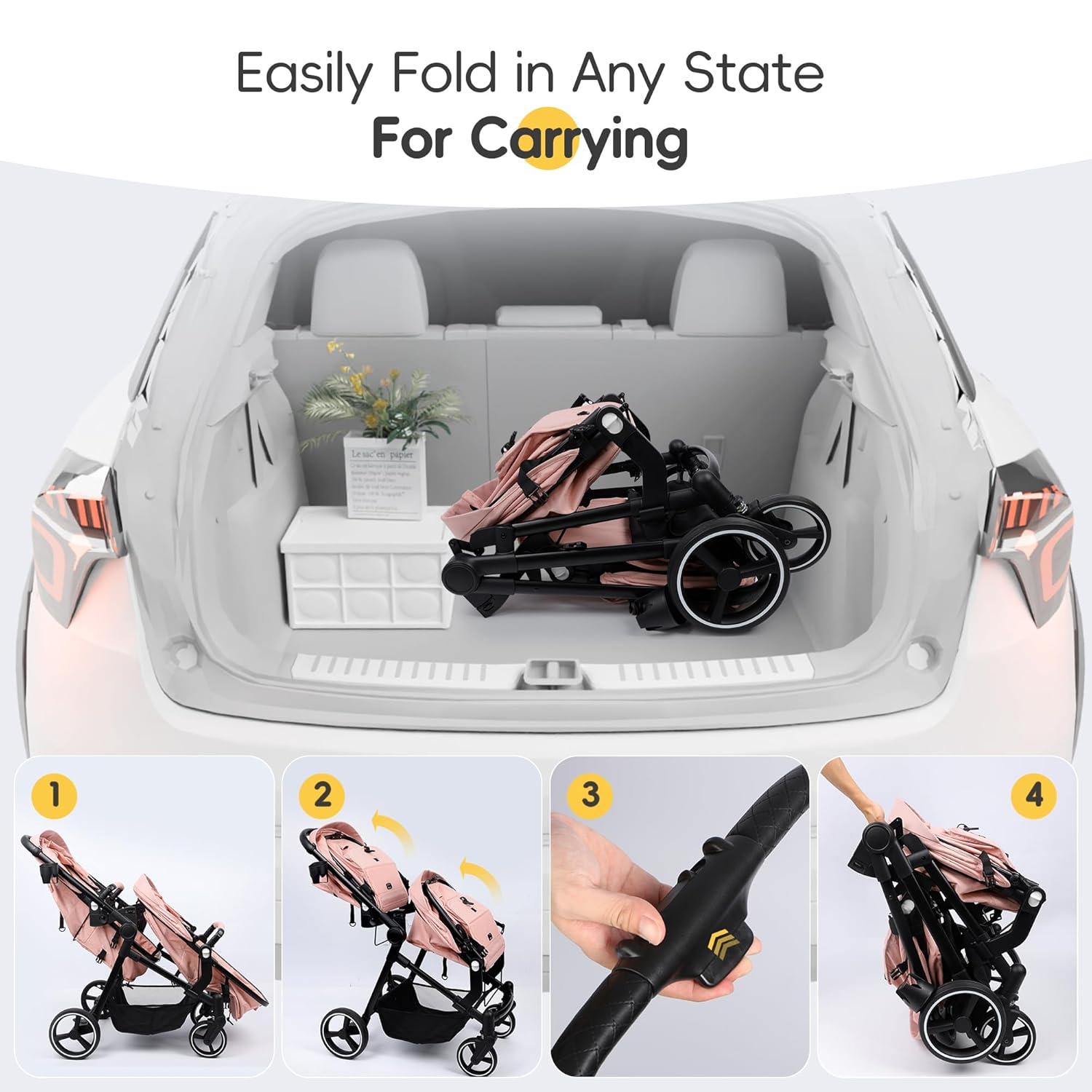 MU Double Stroller, Foldable Twin Tandem Stroller with Adjustable Backrest, Reversible Seat, 5-Point Harness, Storage Basket, Convertible Baby Bassinet for Infant and Toddler, Pink image 8 of 8 B0DZ683PP7