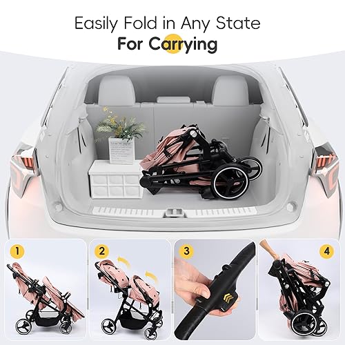 Miniatura 8 de MU Cochecito doble, cochecito plegable en tándem doble con respaldo ajustable, asiento reversible, arnés de 5 puntos, canasta de almacenamiento,